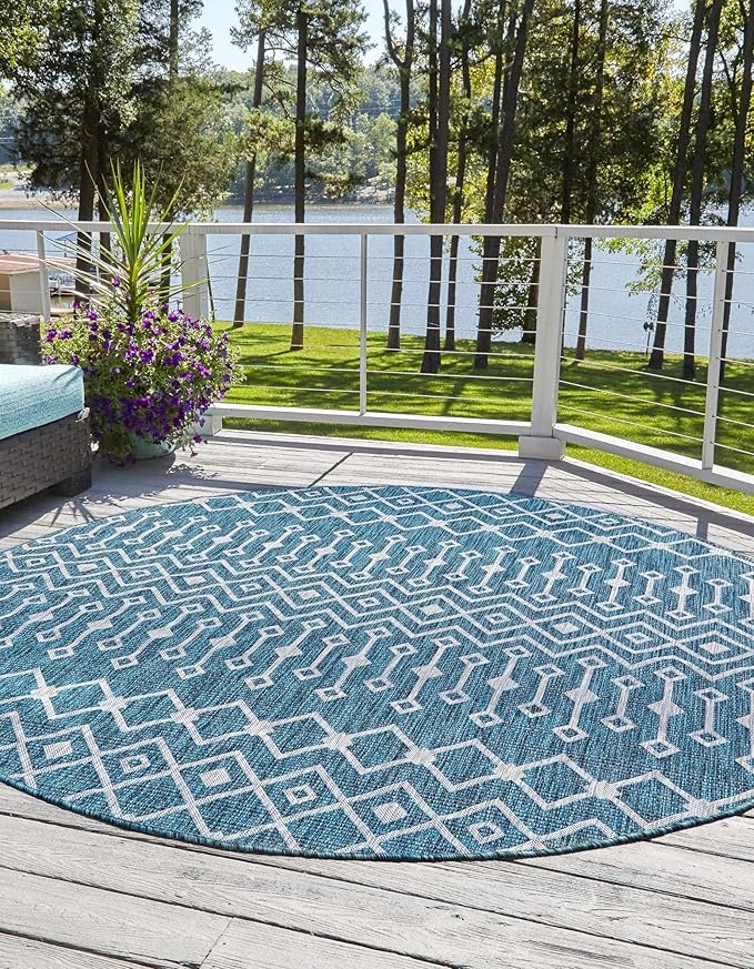 Unique Loom Outdoor Trellis Collection Area Rug - Tribal Trellis (10' Round Teal/Ivory)