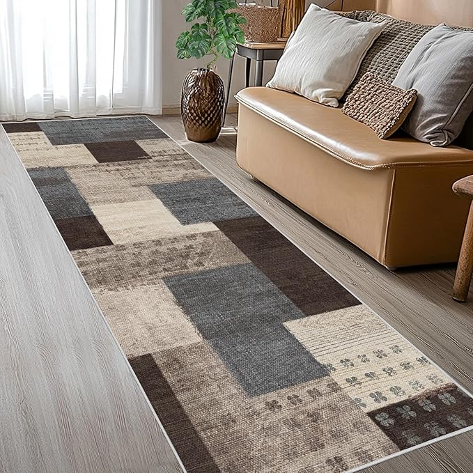 Modern Geometric Patchwork Indoor Runner Rug for Living Room, Blue-Taupe 2.7'x 10' Rug Rockwood Collection Hardwood Floors Decor for Bedroom, Blue Throw Carpet for Office Entryway Dining Room