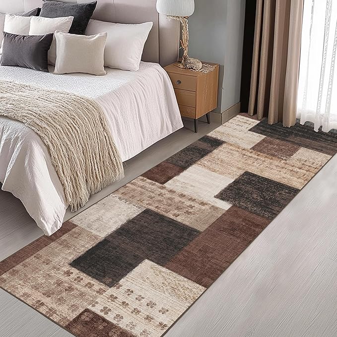 Modern Geometric Patchwork Indoor Runner Rug for Living Room, Chocolate 2.7'x 10' Rug Rockwood Collection Hardwood Floors Decor for Bedroom, Brown Throw Carpet for Office Entryway Dining Room