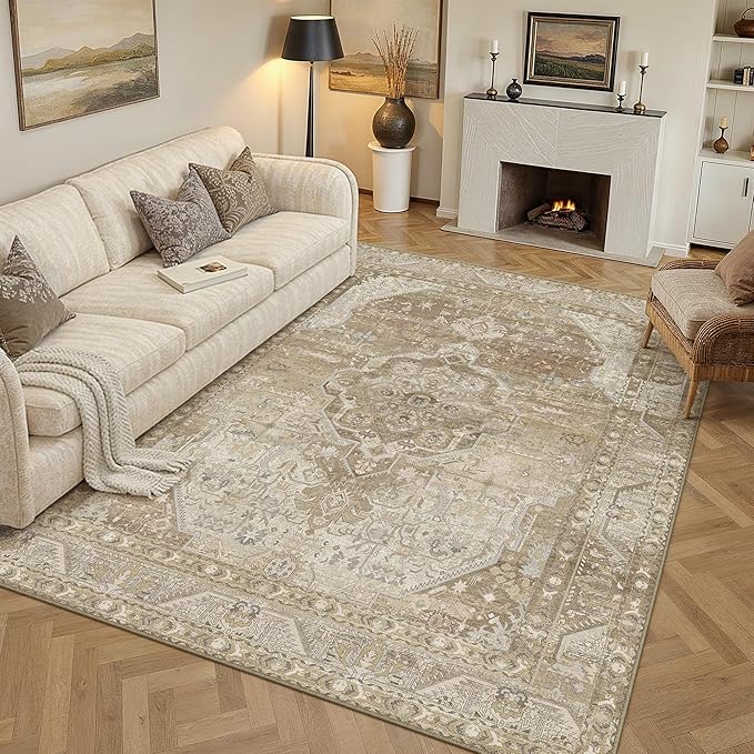 8x10 Washable Vintage Area Rug for Living Room Bedroom Non Slip Distressed Traditional Soft Large Throw Rug Beige Brown Low Pile Lightweight Floral Carpet Office Indoor Classroom Dining Room