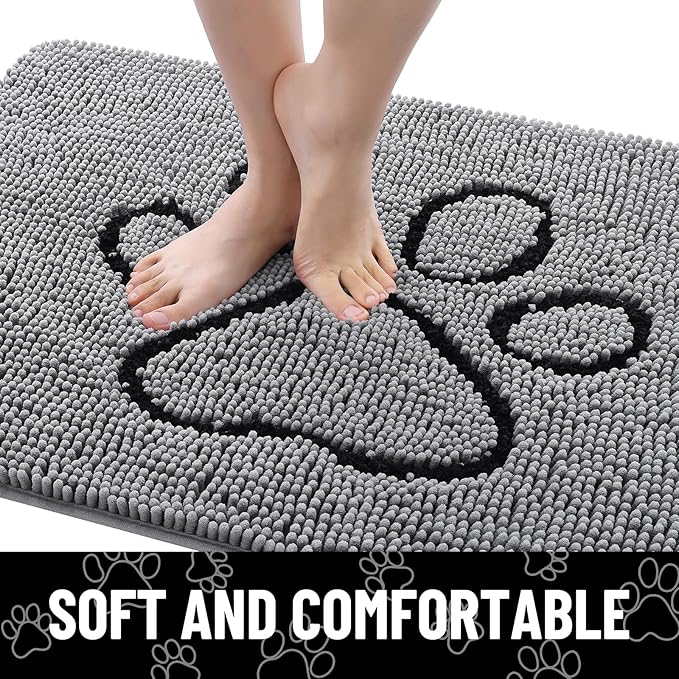 Smiry Dog Door Mat for Muddy Paws, Absorbent Dirt Trapper Non Slip Quick Dry Washable Chenille Mat for Mud Dogs, Entry Rug for Indoor and Outdoor (30x20 Inches, Grey and Black)