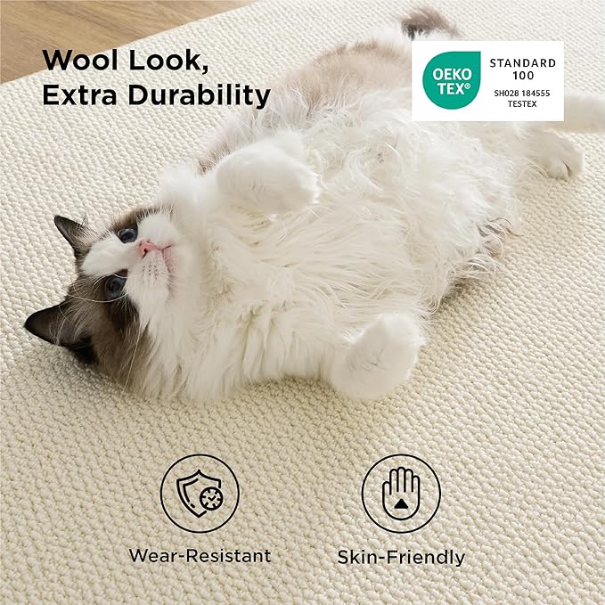 Bedsure 8x10 Faux Wool Area Rugs for Living Room, Machine Washable Carpet, Non-Slip Backing, Pet Friendly Throw Rug for Bedroom Dining Room, Linen