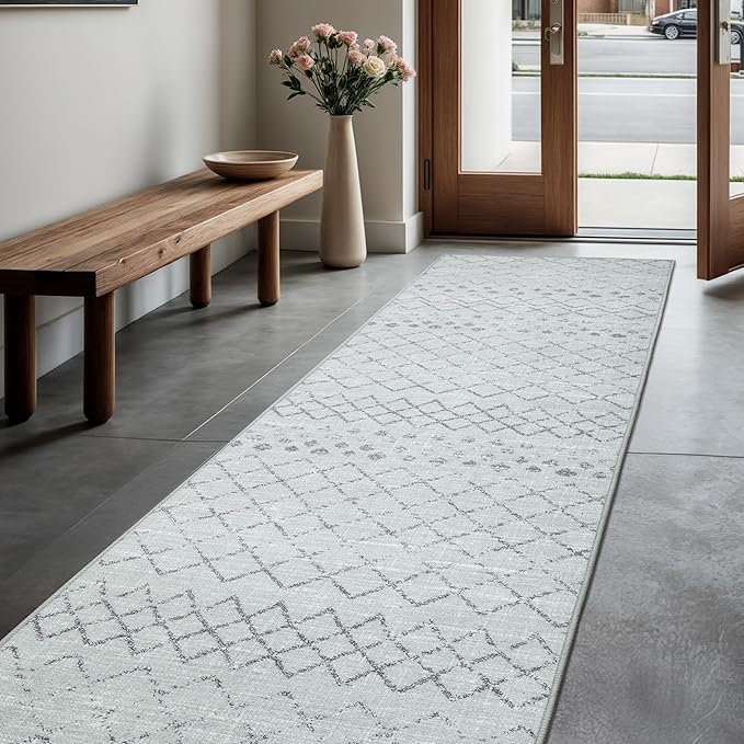 GLN Rugs Contemporary Collection - Machine Washable Area Rug, Contemporary Washable, Non Slip, Low Pile Chenille Rug, Living Room, Bedroom, Kitchen Rug (2'6" x 10' Gray 0166)