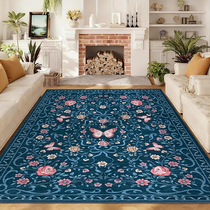 GarveeHome Area Rugs 9x12 Living Room Floral Rugs Non Slip Washable Large Bedroom Throw Carpet Stain Resistant Low Pile Blue Bow Rugs Soft Boho Bow and Flower Carpets for Nursery Home Decor, 9x12