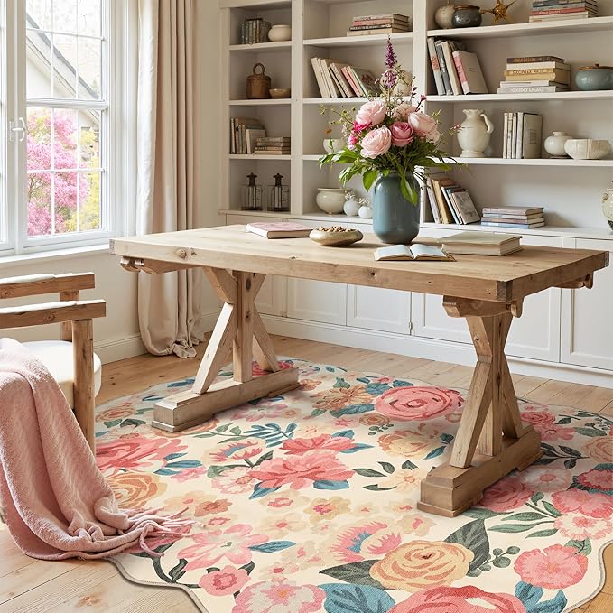 Washable Floral Area Rug 4x6 Beige Office Carpet Scalloped Flower Non Slip Soft Living Room Rug Farmhouse Low Pile Thin Indoor Floor Cover for Bathroom Bedroom Kitchen Laundry Dining Room