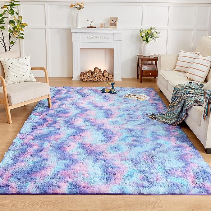 Andency Soft Area Rugs for Living Room Bedroom, 5x8 Fluffy Shaggy Bedside Rug, Non-Slip Large Shag Fuzzy Plush Carpets for Bedroom Kids Dorm Nursery Home Decor Aesthetic, Tie-Dyed Unicorn Rainbow