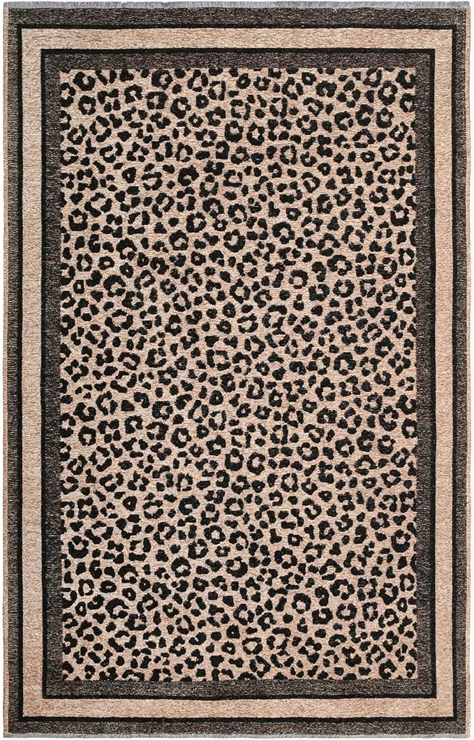 Alfa Rich 4x6 Leopard Beige Black Washable Area Rugs for Living Room Bedroom Kitchen Cotton Rug