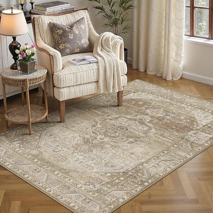 3x5 Washable Vintage Area Rug for Living Room Bedroom Non Slip Distressed Traditional Soft Runner Rug Beige Brown Low Pile Lightweight Floral Carpet Entrance Laundry Room Kitchen