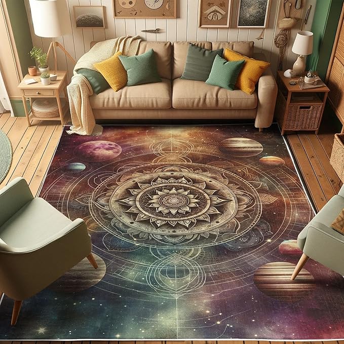 Ambesonne Galaxy Decorative Rug, Dreamy Art of Starry Outer Space with Planets Featuring Oriental Mandala, Quality Carpet for Bedroom Dorm and Living Room, 2' 5" x 5', Pale Camel Dried Rose