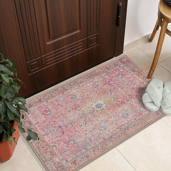 GLN Rugs Traditional Collection - Machine Washable Area Rug, Traditional Washable, Non Slip, Low Pile Chenille Rug, Living Room, Bedroom, Kitchen Rug (2' x 3' Pink/Cream)