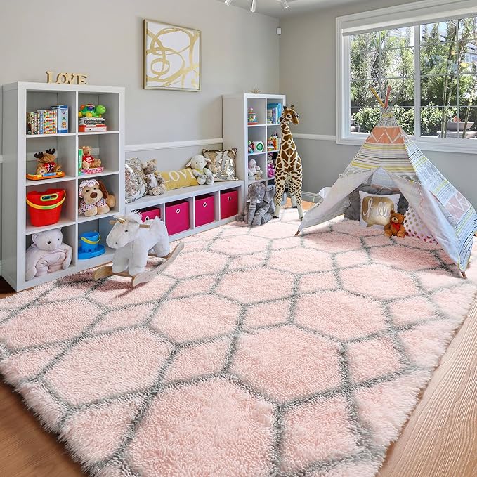 ONASAR Rugs for Living Room Bedroom, 5x8 Washable Fluffy Pink and Grey Area Rug, Geometric Boho Soft Plush Shaggy Fuzzy Floor Carpet for Nursery Kids Girls Boys Teen Dorm Home Decor Aesthetic