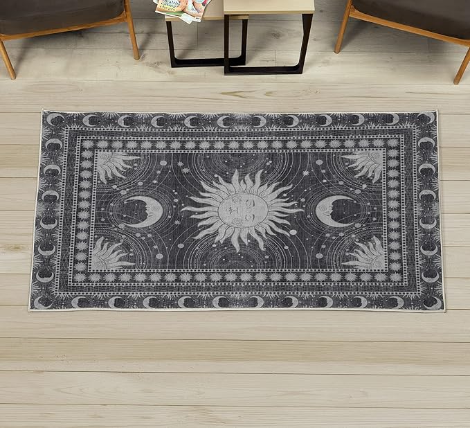 Ambesonne Sun and Moon Decorative Rug, Bohemian Artwork Design of Crescent Solar Ornament Esoteric Stars Ornaments, Quality Carpet for Bedroom Dorm and Living Room, 2' x 5', Dark Taupe