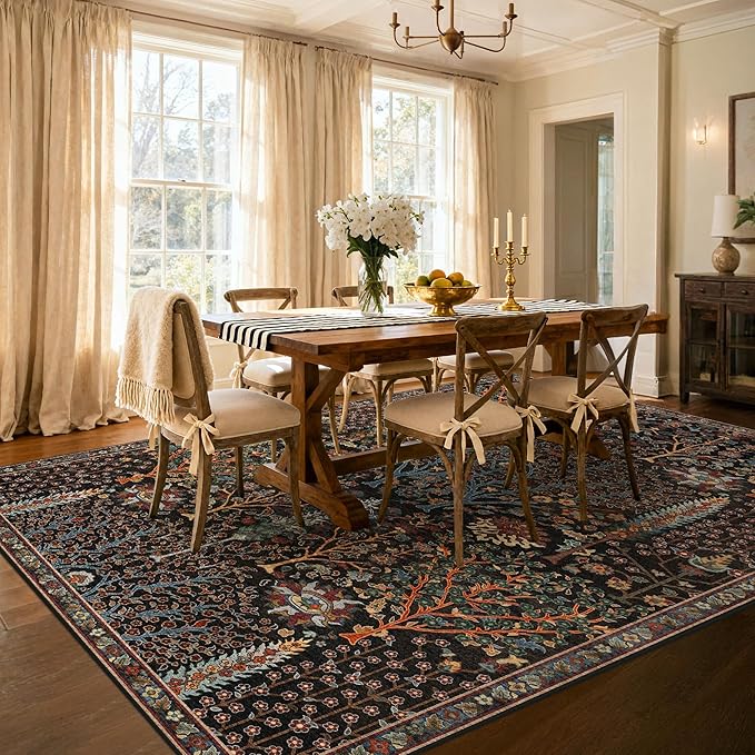 Kokia Boho Vintage Floral Area Rugs, Washable Oriental Botanical Rugs for Living Room, Bedroom, Dining Room, Office, Large Soft Indoor Area Rug, Wild Black，8x10