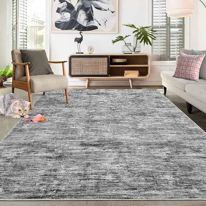 RUGSREAL Bedroom Area Rug 4x6 Modern Abstract Area Rug Stain Resistant Living Room Rug Contemporary Dining Room Rug Non-Slip Solid Rug Aesthetic Accent Floor Carpet for Kitchen Office, Ivory/Grey