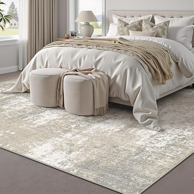 Modern Abstract Beige Gray Area Rug 4x6 Entryway Machine Washable Office Carpet Kitchen Door Mat Indoor Accent Throw Low Pile Non Slip Distressed Living Dining Laundry Room Bedroom