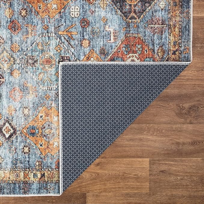 Bloom Rugs Washable Non-Slip 10x14 Rug - Blue/Orange Traditional Bordered Area Rug for Living Room, Bedroom, Dining Room, and Kitchen - Exact Size: 10' x 14'