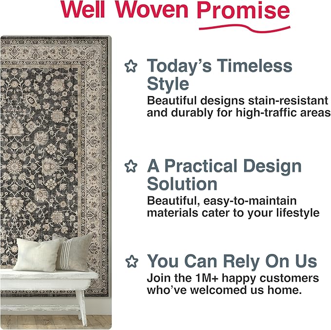 Well Woven Asha Rome Black 6' x 9' Area Rug - Oriental Floral Pattern, Easy Clean, Floor-Friendly Backing - for Living Room, Bedroom, and Dining Room