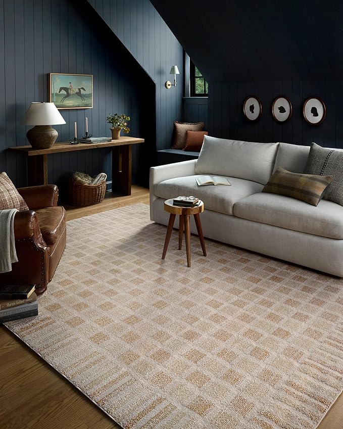 Loloi Chris Loves Julia Calvin Collection CLV-03 Bone/Natural 2'-7" x 7'-6" Runner Rug Checkered Neutral Soft Living Room Bedroom Carpet