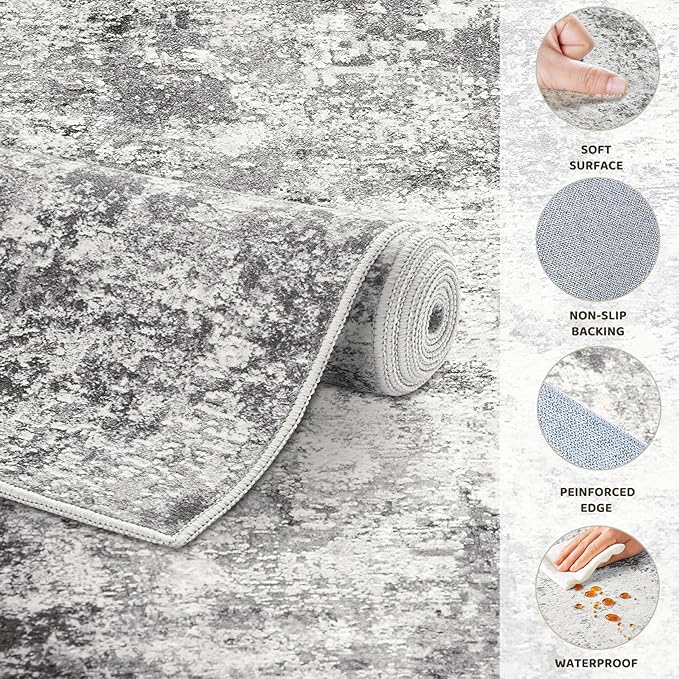 5ft Round Area Rug Living Room Rugs - 5x5 Washable Neutral Modern Abstract Soft Thin Rug Indoor Floor No Slip Rug Carpet for Bedroom Under Dining Table Home Office Decor - Grey
