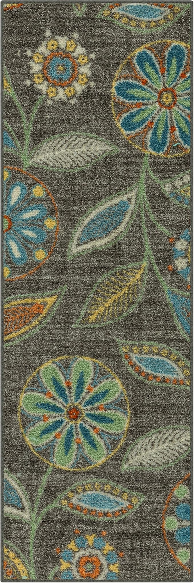 Maples Rugs Reggie Floral Runner Rug - Made in USA - Washable, Non Slip Indoor Carpet for Kitchen, Hallway, and Laundry Room, 1'8 x 5, Dark Grey