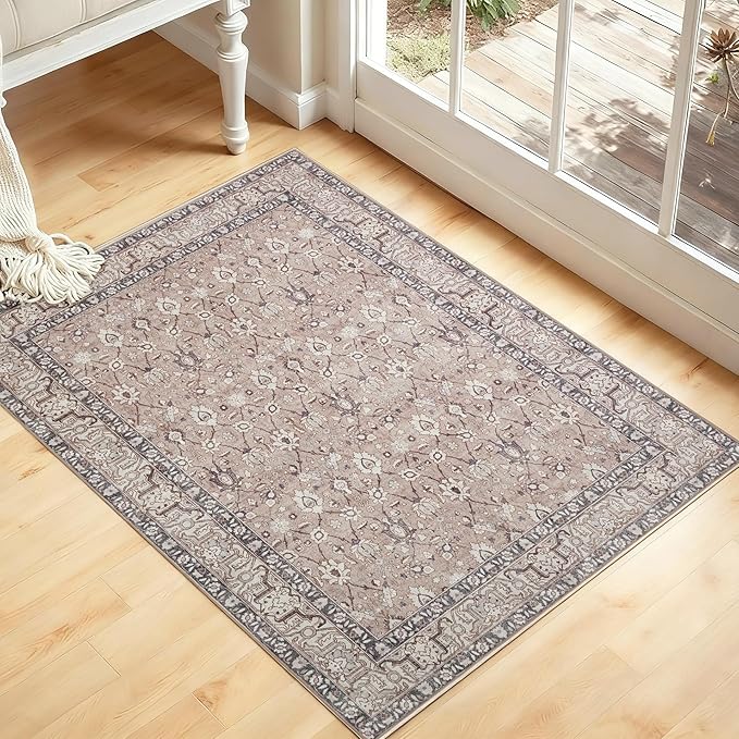 Kuden 3x5 Small Rug, Machine Washable, Non-Slip Backing, Vintage Style, Soft, Low Pile, Area Rugs for Entryway Kitchen Indoor Entrance