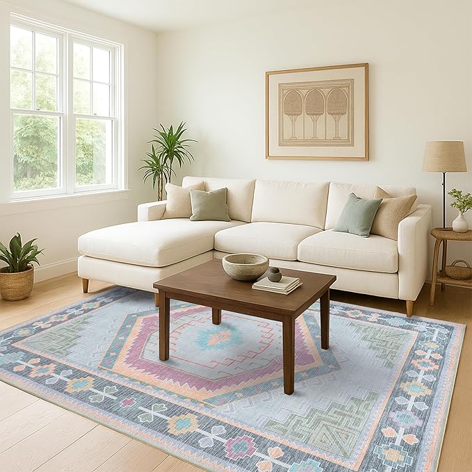 Fame Living Washable Area Rug. Modern Farmhouse. Vintage. Turkish. Bohemian. Distressed. Oriental. Traditional. Rugs for Living Room. Dining. Bedroom. Office. Entryway. Foyer. (856GP, 5' x 6'9")