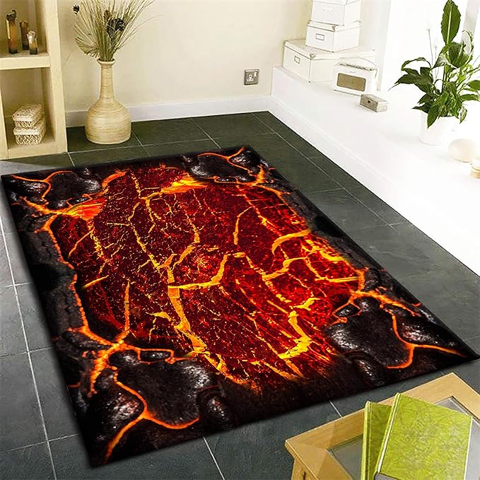 Visual Illusion Lava Area Rug, 6x8ft, 3D Red Flame Volcanic Rock Carpet for Living Room, Fade Resistant Absorbent Floor Mat, No Crease Foldable Soft Low Pile Rugs for Bedside Hallway