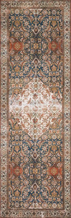 Loloi Layla Collection LAY-05 Ocean/Multi 2'-6" x 12'-0" .13" Thick Runner Rug, Soft, Durable, Vintage Inspired, Distressed, Low Pile, Non-Shedding, Easy Clean, Printed, Living Room Rug