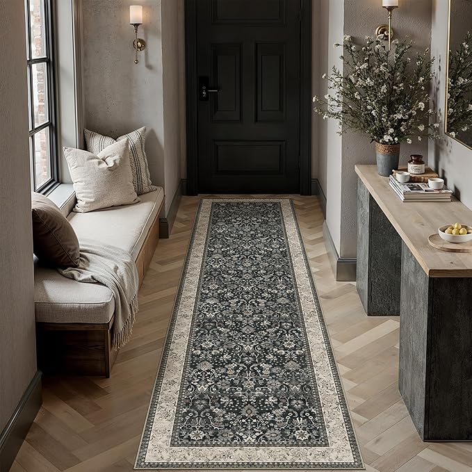 HUGEAR 2x6 Runner Rug Machine Washable Black Beige Hallway Area Rugs Indoor Accent Rugs Floral Low Pile Carpet Distressed Throw Rugs Bedroom Living Room Office Dining Kitchen Laundry Non Slip
