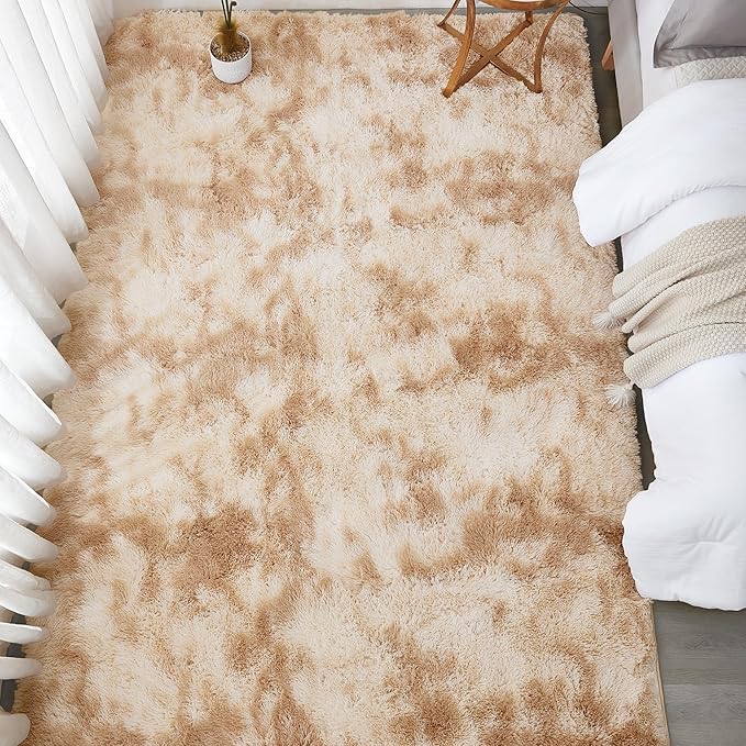 Andency Soft Area Rugs for Living Room Bedroom, 4x6 Fluffy Shaggy Bedside Rug, Non-Slip Large Shag Fuzzy Plush Carpets for Bedroom Kids Dorm Nursery Home Decor Aesthetic, Tie-Dyed Beige