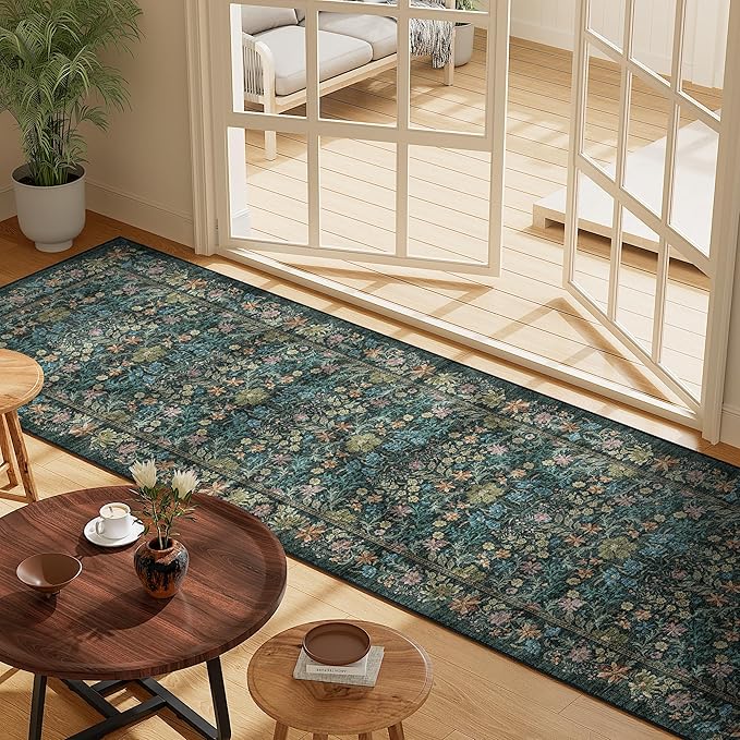 DOKINO 2x10 Runner Rug for Hallway, Vintage Washable Long Kitchen Rug with Low Pile Design, Floral Non Slip Soft Carpet Runner for Hallway, Kitchen, Bathroom, Bedroom, Blue