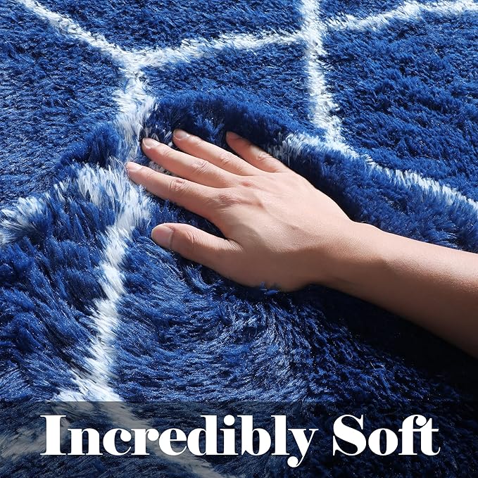 ONASAR Large 8x10 Area Rugs for Living Room, Fluffy Geometric Navy and White Rug for Boys Bedroom Home Decor Aesthetic, Soft Shaggy Plush Floor Carpet for Girls Teen Nursery Playroom Office Dorm