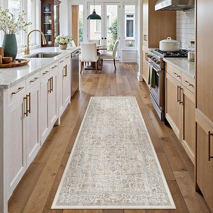 Taupe Runner Rug 2'6"x10' Washable Carpet for Hallway Kitchen Vintage Distressed Non Slip Indoor Retro Floral Bedroom Accent Throw Long Rug Bathroom Office Laundry Dining Living Room