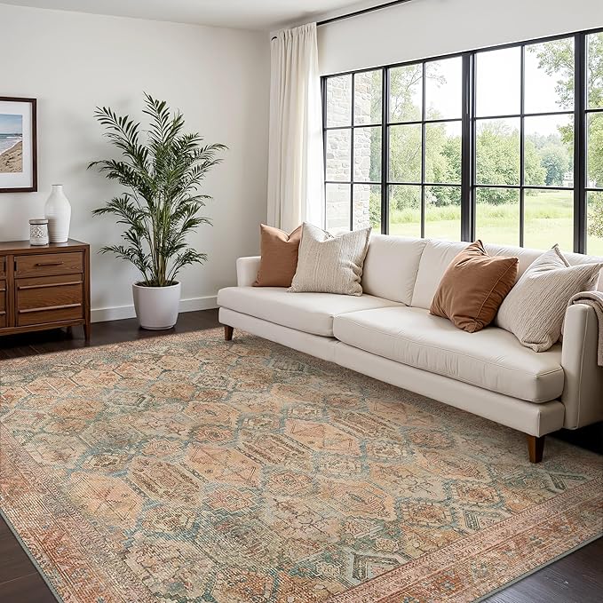 Bavni Washable Rug 6x9 Area Rug for Living Room Bedroom Dining, Washable Vintage Print Carpet, Ultra-Thin Chenille Low Pile Lightweight Rug with Non Slip Backing, Clay