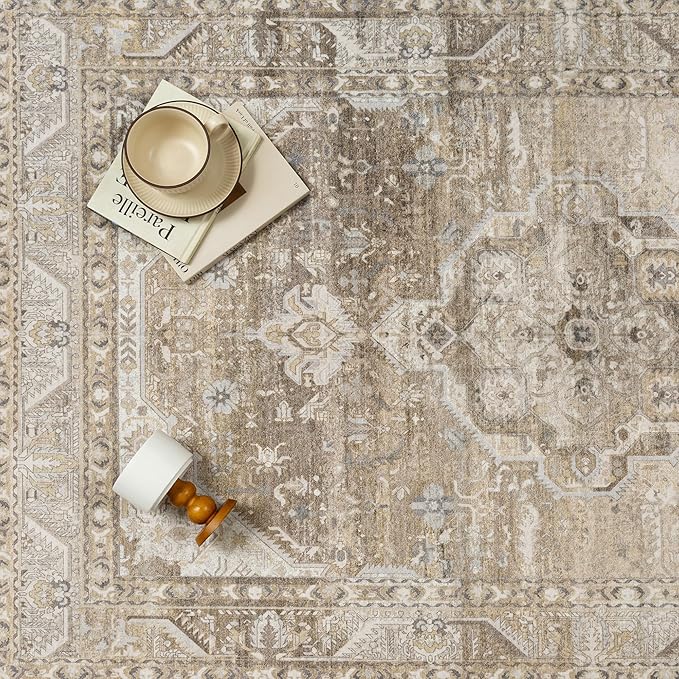 9x12 Washable Vintage Area Rug for Living Room Bedroom Non Slip Distressed Traditional Soft Large Throw Rug Beige Brown Low Pile Lightweight Floral Carpet Classroom Office Home Decor