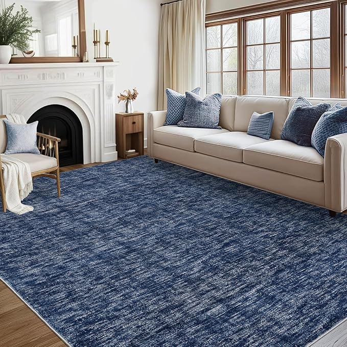 RUGSREAL Living Room Area Rug 10x13 Modern Solid Color Large Bedroom Rug with Rubber Backing Stain Resistant Low Pile Dining Room Throw Carpet Contemporary Washable Rug for Home Decor Office, Blue