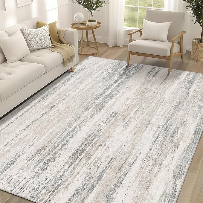 MUJOO 5x7 Washable Area Rug,Modern Abstract Rugs for Living Room Bedroom Dining Room,Large Non Slip Carpet Indoor,Low Pile Throw Rug Accent Neutral Beige and Grey