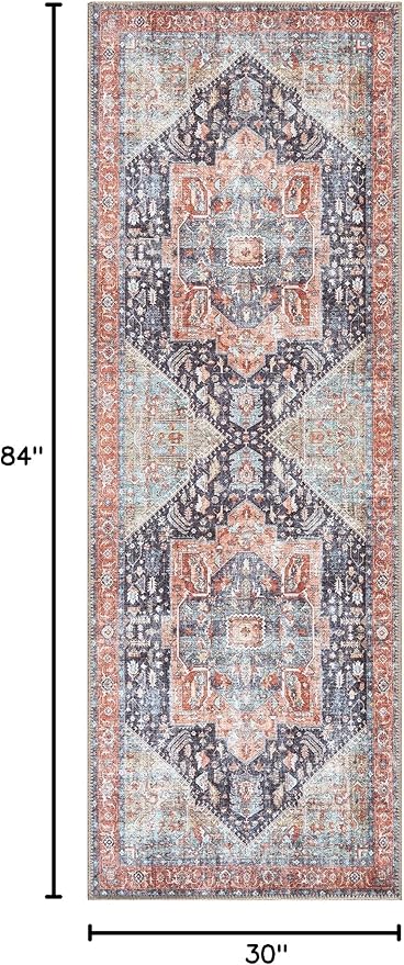 Bloom Rugs Washable Non-Slip 7 ft Runner - Terracotta/Blue Traditional Medallion Runner for Entryway, Hallway, Bathroom, and Kitchen - Exact Size: 2.5' x 7'
