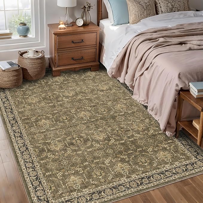 Washable Area Rug 6x9 Brown Rugs for Living Room, Vintage Boho Large Rug for Bedroom Dining Room Office, Distressed Floral Print Carpet for Under Table, Soft Non Slip Low Pile Throw Carpet Indoor Mat