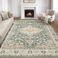 7x9 Area Rug Living Room: Machine Washable Boho Large Vintage Soft Rugs Stain Resistant Farmhouse Oriental Non Slip Indoor Floor Carpet for Bedroom Nursery Kids Playroom Office Dining Room- Green