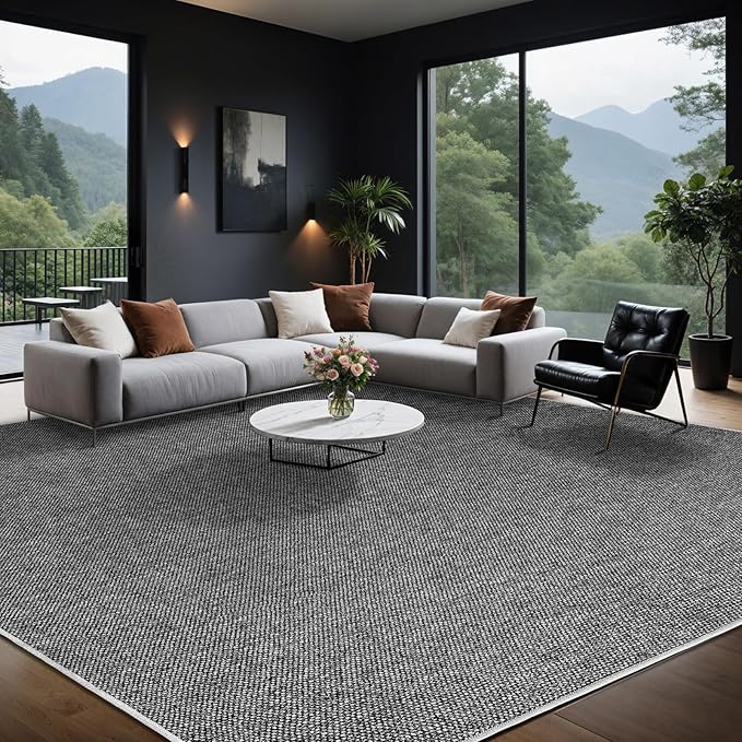 LBRO2M Easy Jute Solid Area Rug 8X10 Washable Rugs for Living Room Bedroom Natural Jute Indoor Outdoor Carpet Durable, Solid Non Shedding Eco Friendly (8X10 Black Gray)