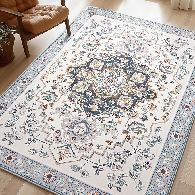 Phantoscope Washable Area Rug 4'x6' Non-Slip, Vintage Boho Rugs for Living Room, Bedroom, Dining Room, Persian Floral Medallion Pattern, Low-Pile Foldable Floor Carpet, Ivory Blue/Garden Bloom