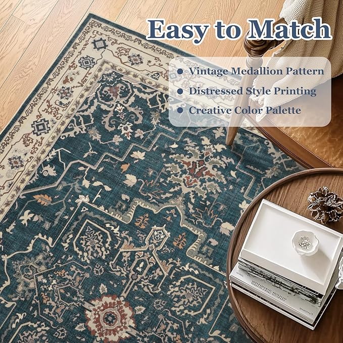 Dark Blue Throw Rugs for Entryway, Washable 4x6 Dark Rug with Rubber Backing for Living Room Bedroom, Vintage Medallion Distressed Area Rug for Kitchen/Bathroom/Dorm/Home Office