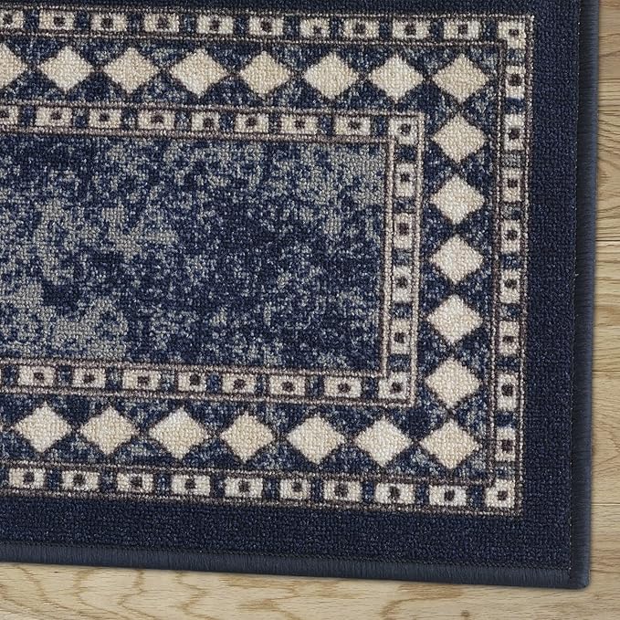 Antep Rugs Alfombras Modern Bordered 2pc Non-Skid (Non-Slip) Low Profile Pile Rubber Backing Indoor Kitchen Runner Rugs (Navy Blue, 2pc Set)
