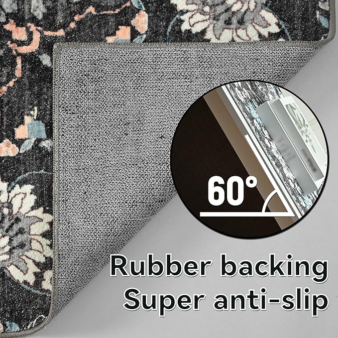YJ.GWL Area Rugs for Living Room 5x7 Machine Washable Rugs, Non Slip Floral Vintage Rug Indoor Carpet, Stain Resistant Large Rug for Bedroom Dining Room, Black Grey Blue