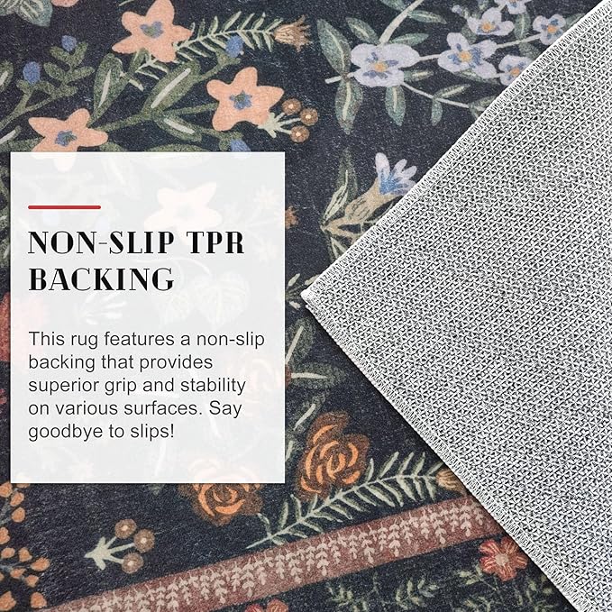 Boho 2x5 Runner, Black Navy Floral Washable Hallway Runner, Non-Slip Kitchen Runner, Super Thin Printed Faux Wool Soft Carpet for Entryway, Front Door, Backdoor, Bedside