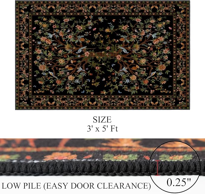 Black Area Rug 3x5 Washable, Non-Slip Small Rug Carpet, Floral Boho Low Pile Soft Throw Rugs for Entryway, Bedroom, Kids Room, Dorm, Office, Nursery, Vintage Home Decor