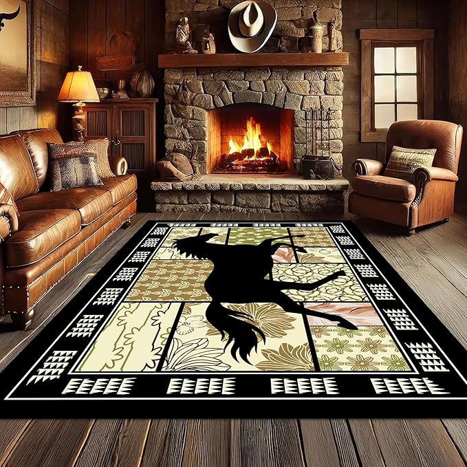 Western Horse Print Rugs 2x3ft,Boho Floral Area Rug, Botanical Print Low Pile Carpet, Stain-Resistant & Machine Washable Non-Slip Mat for Living Room, Bedroom, Dining Room