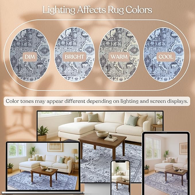Washable Area Rug. Modern Farmhouse. Vintage. Turkish. Bohemian. Distressed. Oriental. Traditional. Rugs for Living Room. Dining. Bedroom. Office. Entryway. Foyer. (861GG, 2'5" x 6'5")