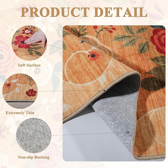 DUKINO 2x4 Rug for Entryway, Washable Kitchen Floral Runner Rug with Non Slip Backing, Low Pile Soft Boho Carpet for Kitchen, Hallway, Entryway, Laundry, Bedroom, Orange